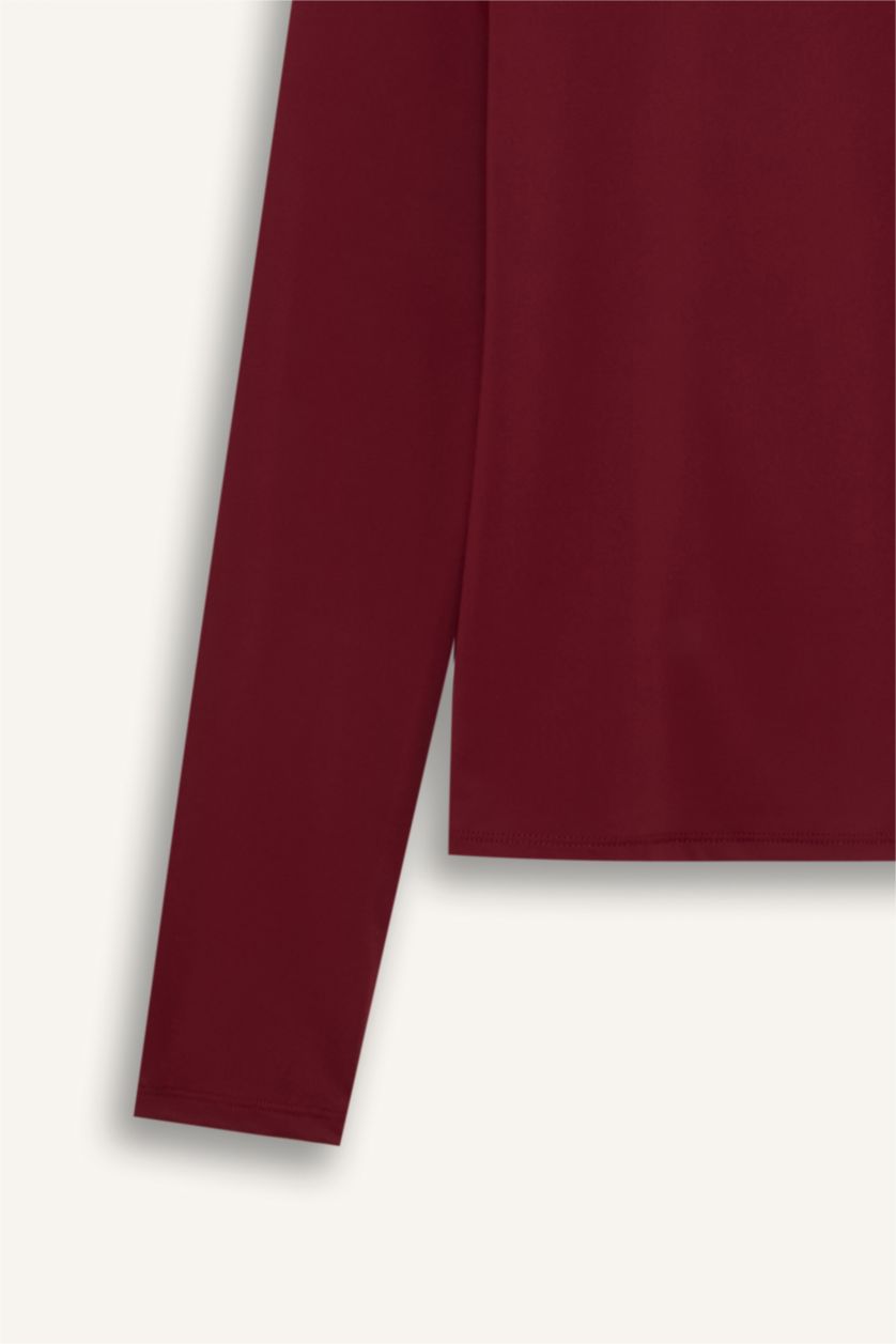 Kadın Bordo Slım Fıt Uzun Kollu Tişört