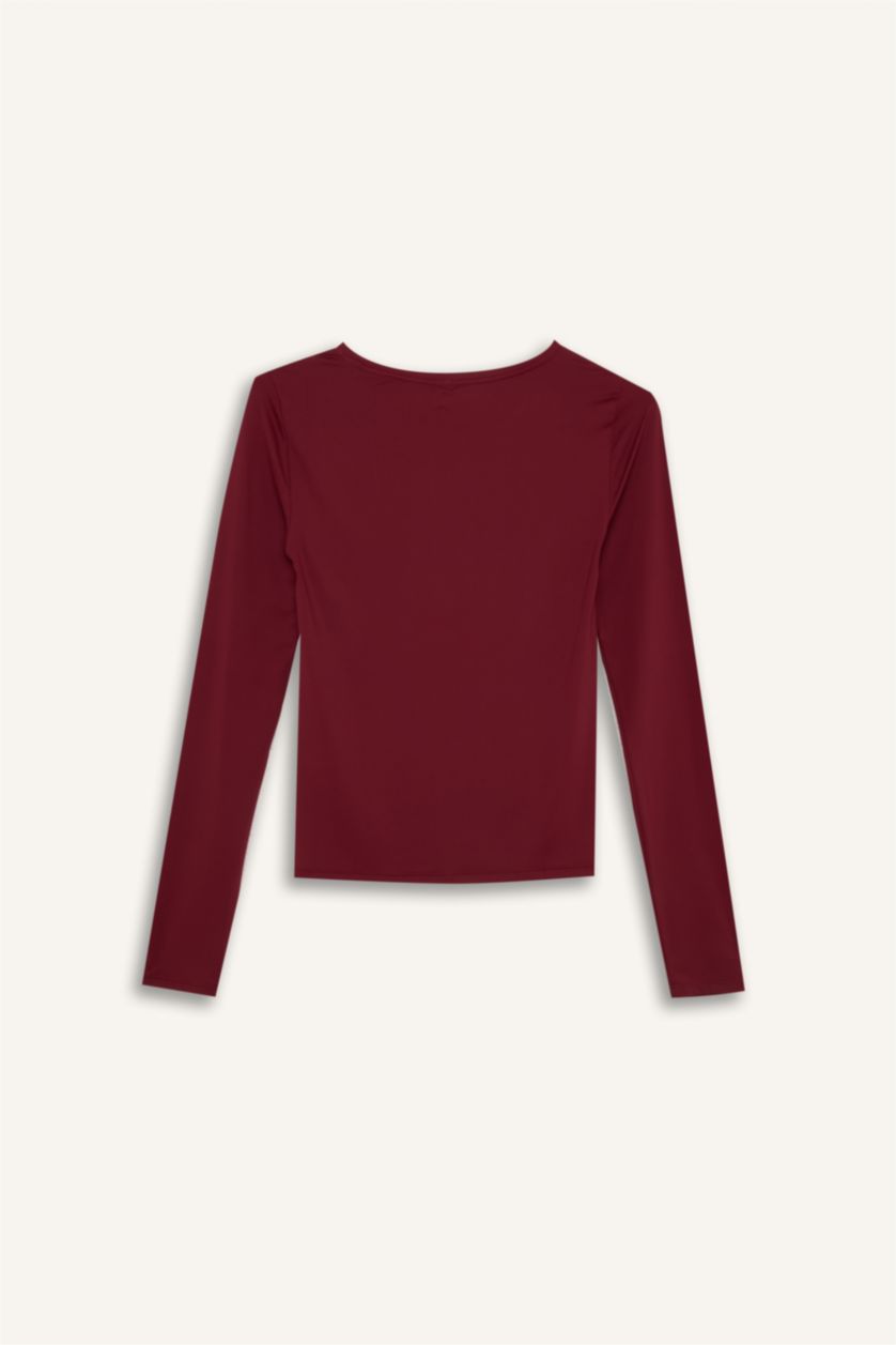 Kadın Bordo Slım Fıt Uzun Kollu Tişört