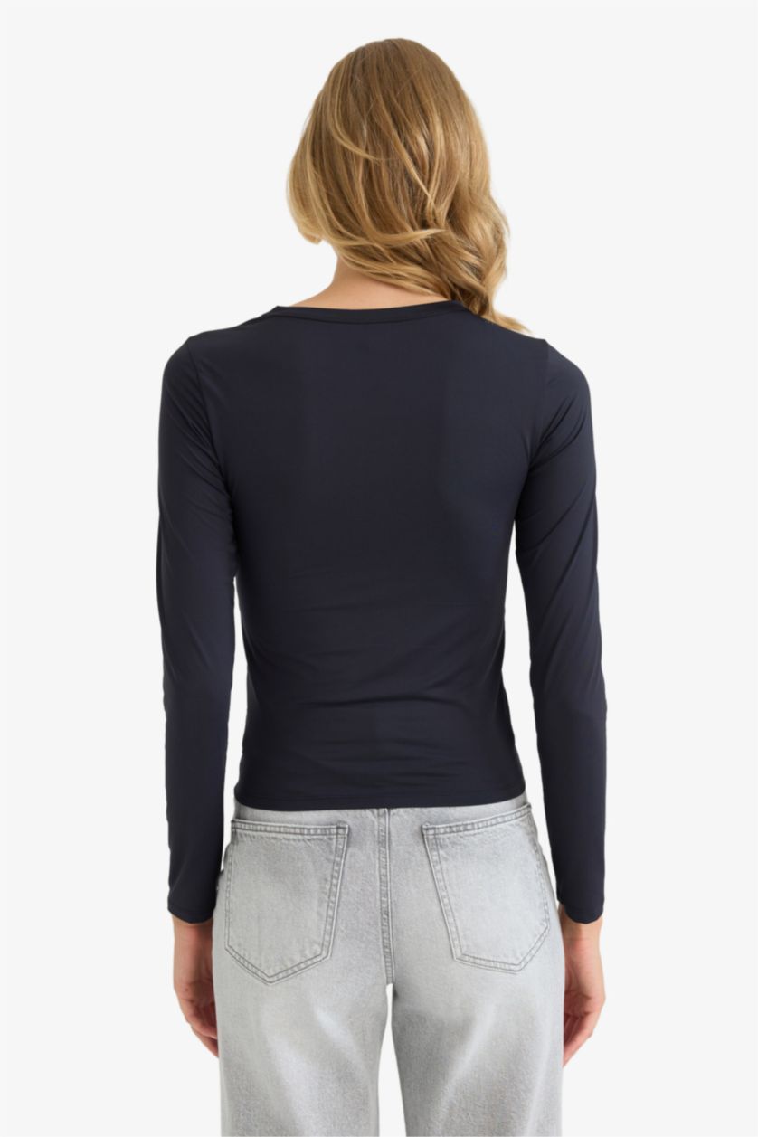 Kadın Siyah Siyah Slim Fit Dar Kesim Bisiklet Yaka Basic Düz Uzun Kollu Tişört