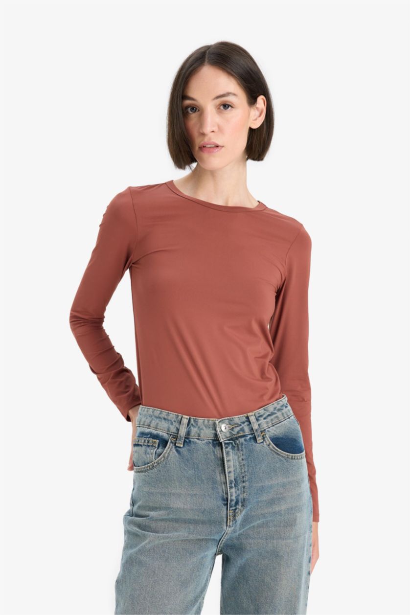 Woman Bordeaux Slim Fit Crew Neck Basic Long Sleeve T-Shirt