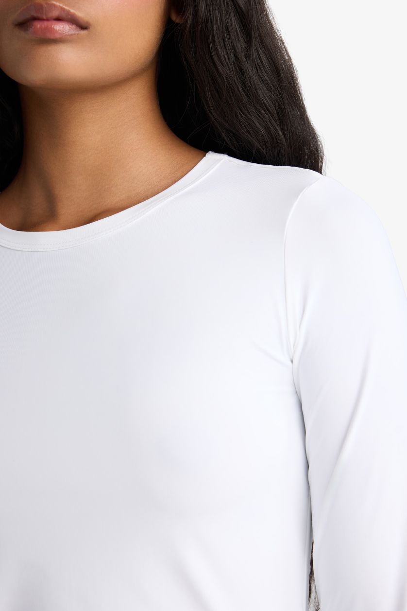 Kadın Beyaz Slım Fıt Bisiklet Yaka Basıc Düz Uzun Kollu Tişört