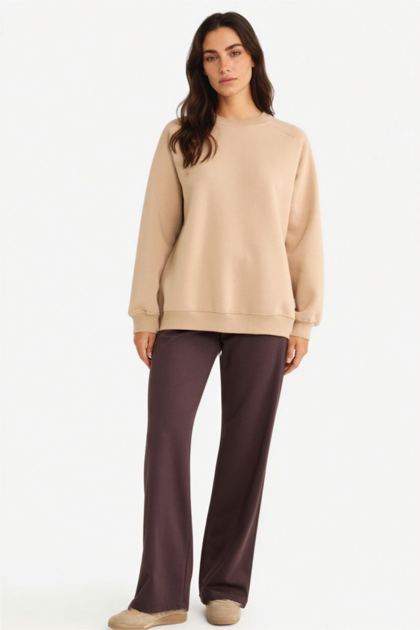 Woman Brown Straight Fit Wide Leg Basic Sweatpants