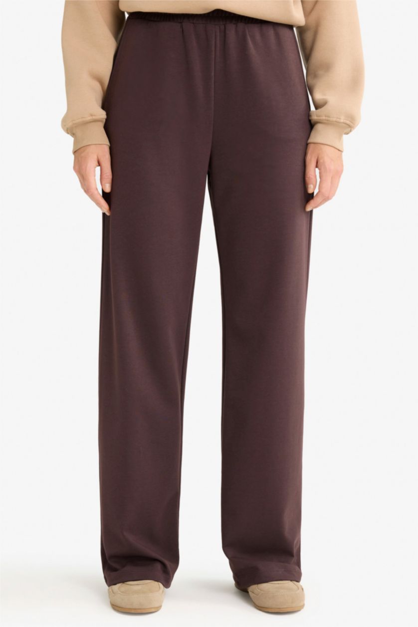 Woman Brown Straight Fit Wide Leg Basic Sweatpants
