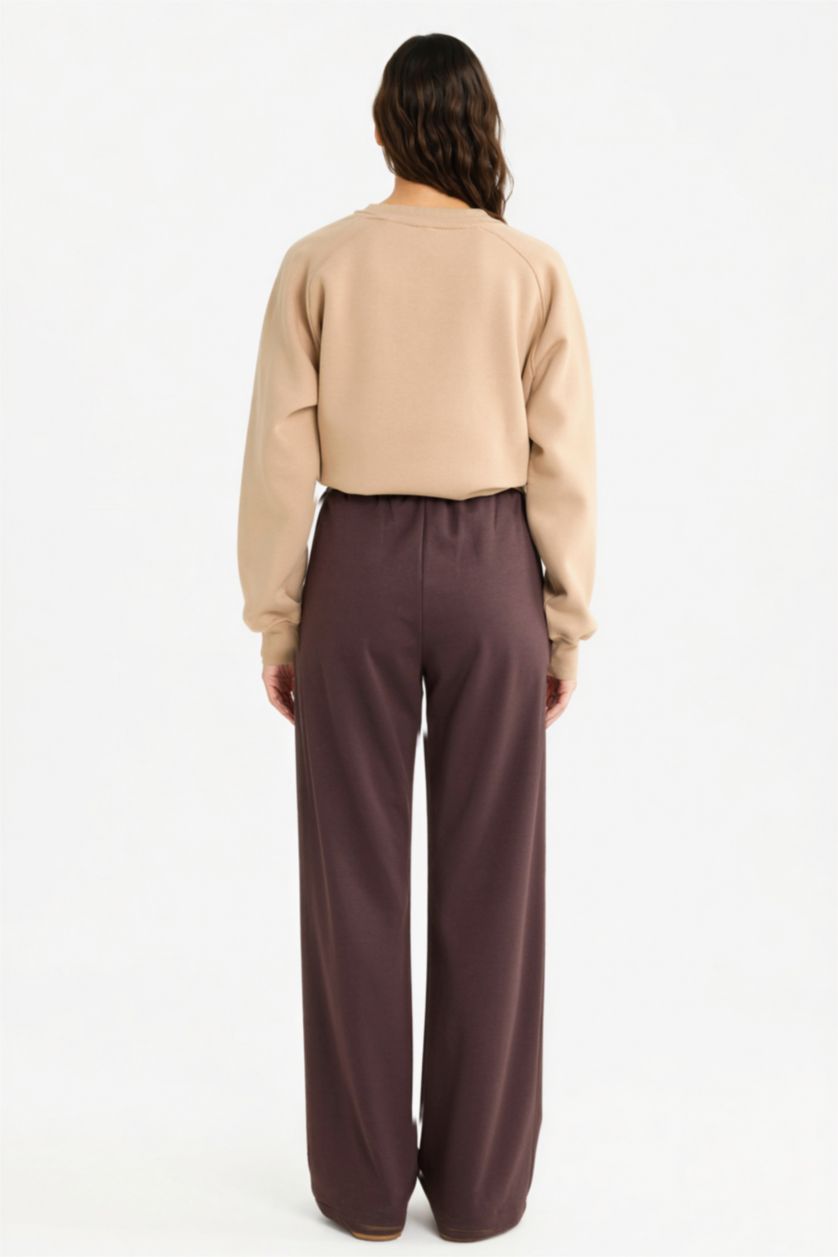 Woman Brown Straight Fit Wide Leg Basic Sweatpants