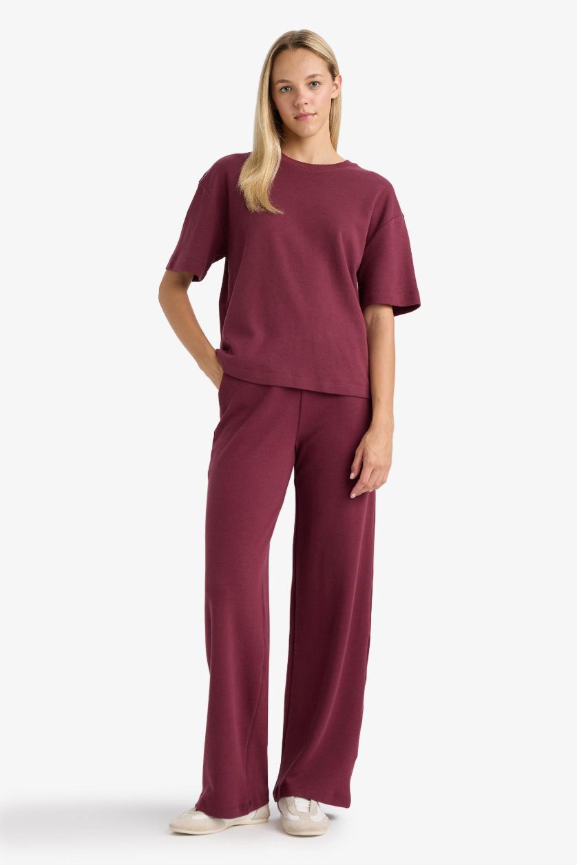 Kadın Bordo Straight Fit Geniş Bol Paça Basic Düz Cepli Eşofman Altı