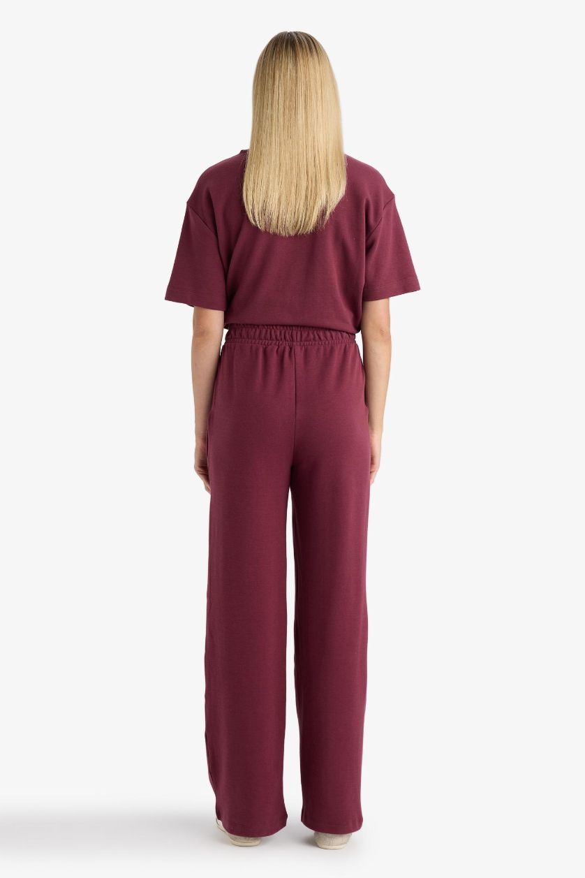 Kadın Bordo Straight Fit Geniş Bol Paça Basic Düz Cepli Eşofman Altı