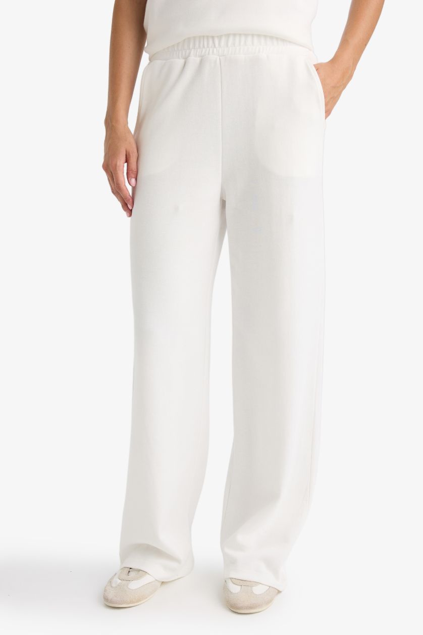 Woman Ecru Straight Fit Pockets Basic Sweatpants