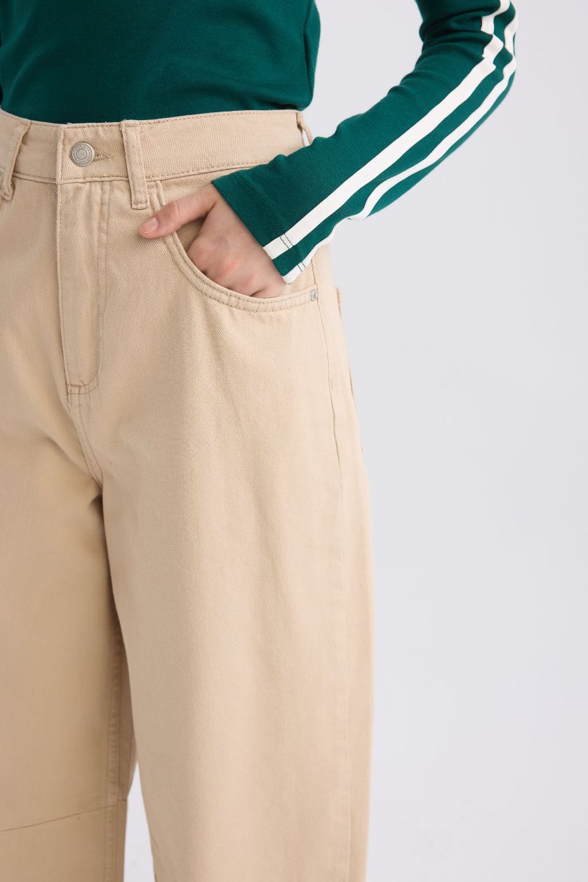 Kadın Açık Taş Gabardin Pantolon Baggy Fit Normal Bel Cepli Basic Düz