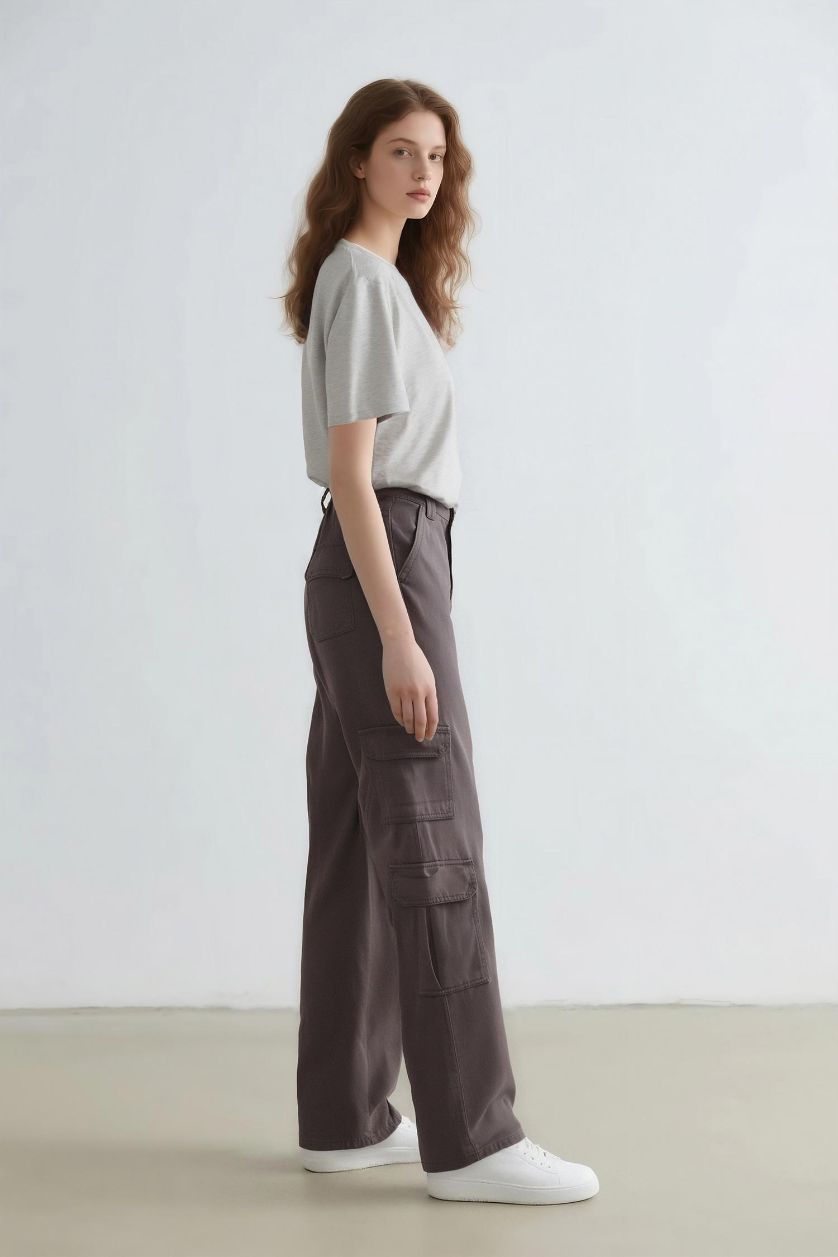 WOMAN Dark Grey Straight Fit Normal Waist Cargo Pants