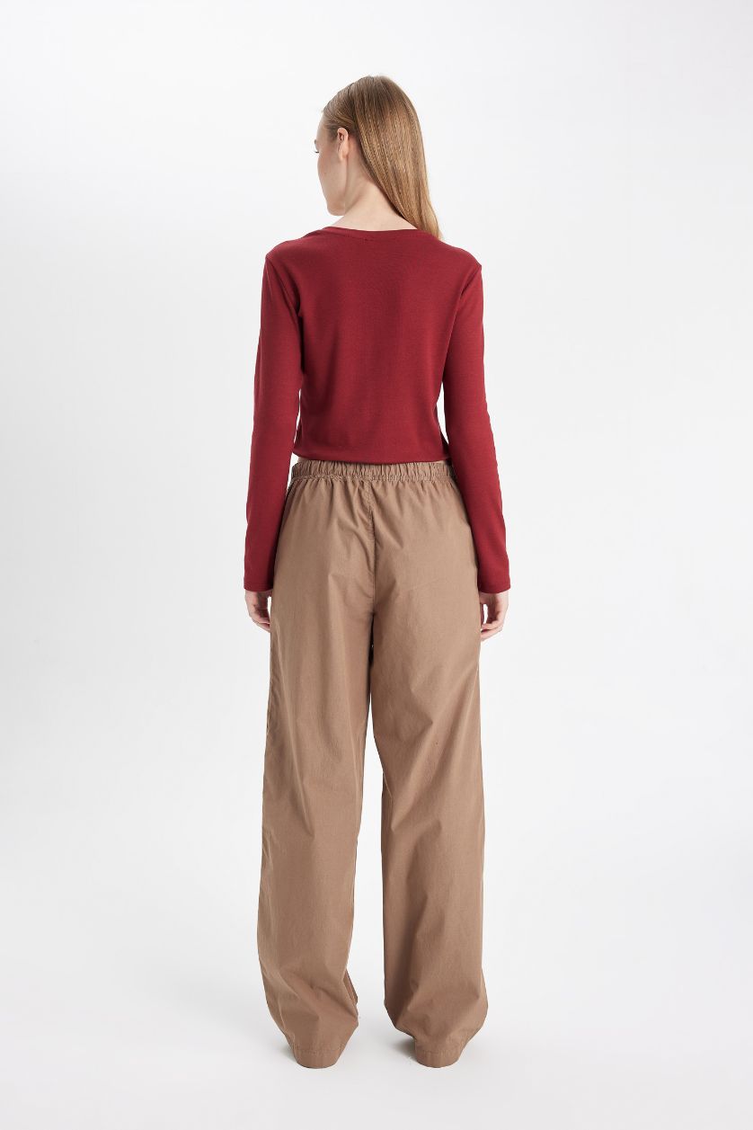 Kadın Açık Kahve Straight Fit Poplin Pantolon Basic Düz Cepli Lastikli Bel Bağcıklı