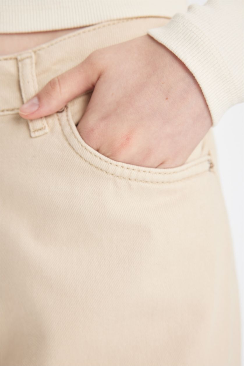 Kadın Açık Bej Gabardin Bej Pantolon Wide Leg Geniş Bol Paça Normal Bel Basic Düz