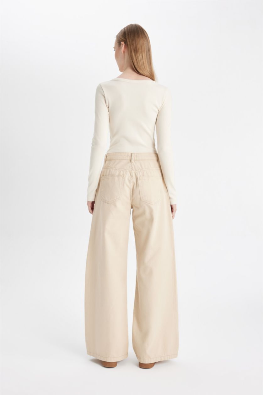 Kadın Açık Bej Gabardin Bej Pantolon Wide Leg Geniş Bol Paça Normal Bel Basic Düz