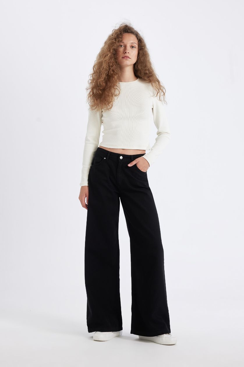 Kadın Siyah Normal Bel Wıde Leg Pantolon