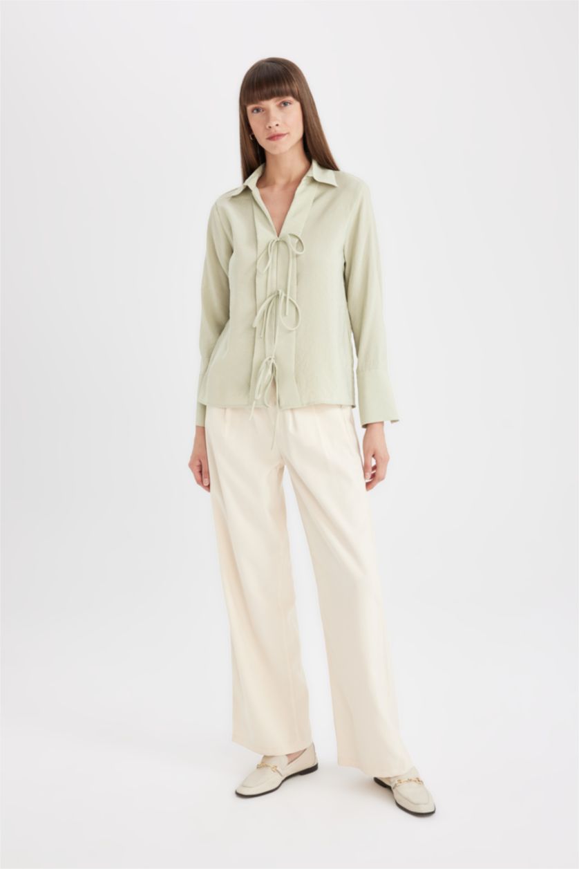 Kadın Açık Yeşil Regular Fit Basic Düz Bağcıklı Krinkıl Viskon Uzun Kollu Gömlek