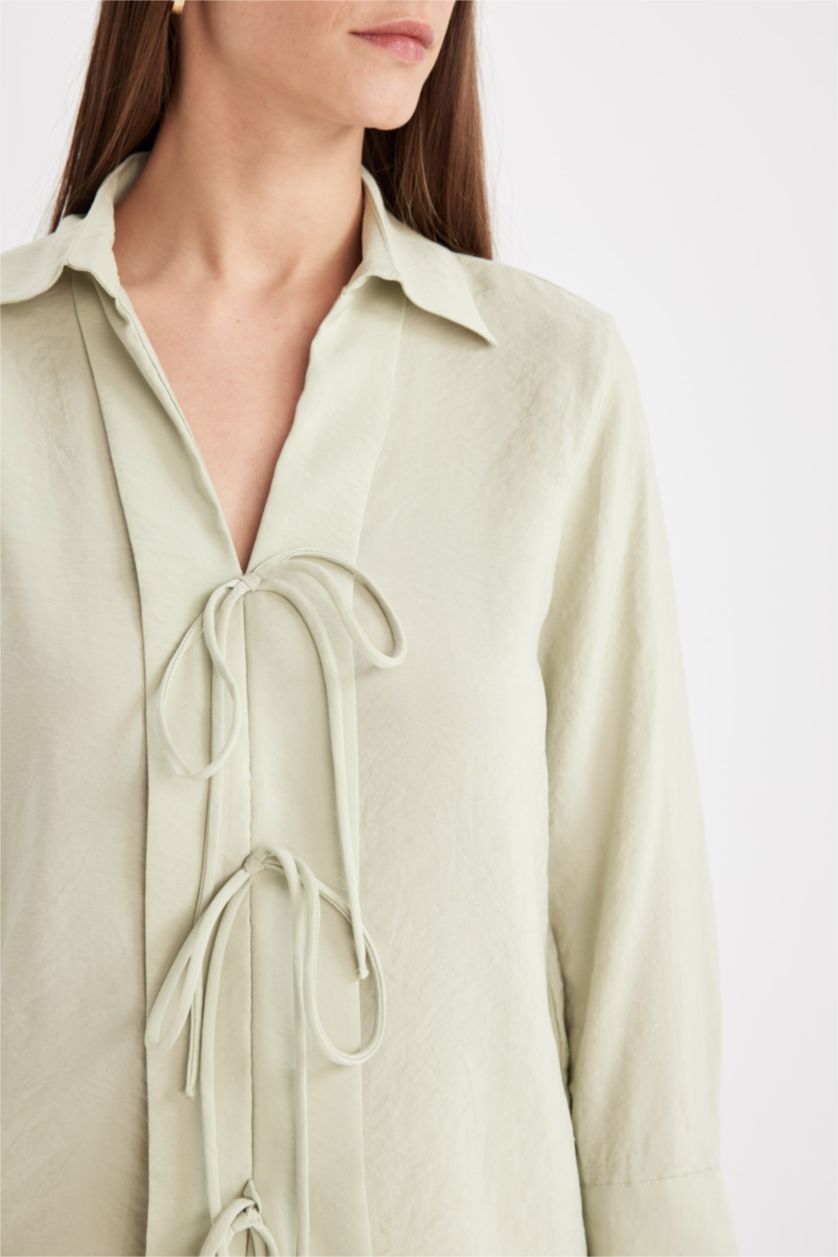 Kadın Açık Yeşil Regular Fit Basic Düz Bağcıklı Krinkıl Viskon Uzun Kollu Gömlek