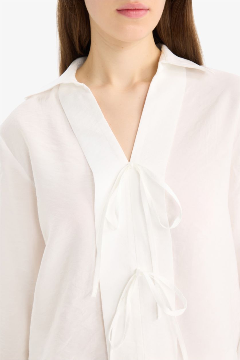 WOMAN Ecru Regular Fit Round Collar modal Long Sleeve Shirt