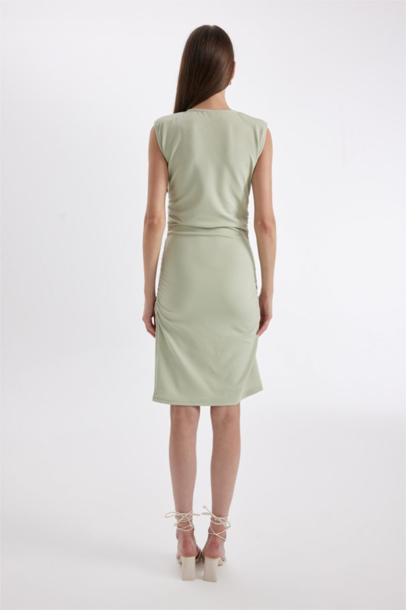 نساء كاكي فاتح فستان ميدي سامبل بوديكون ضيق وياقة دائرية