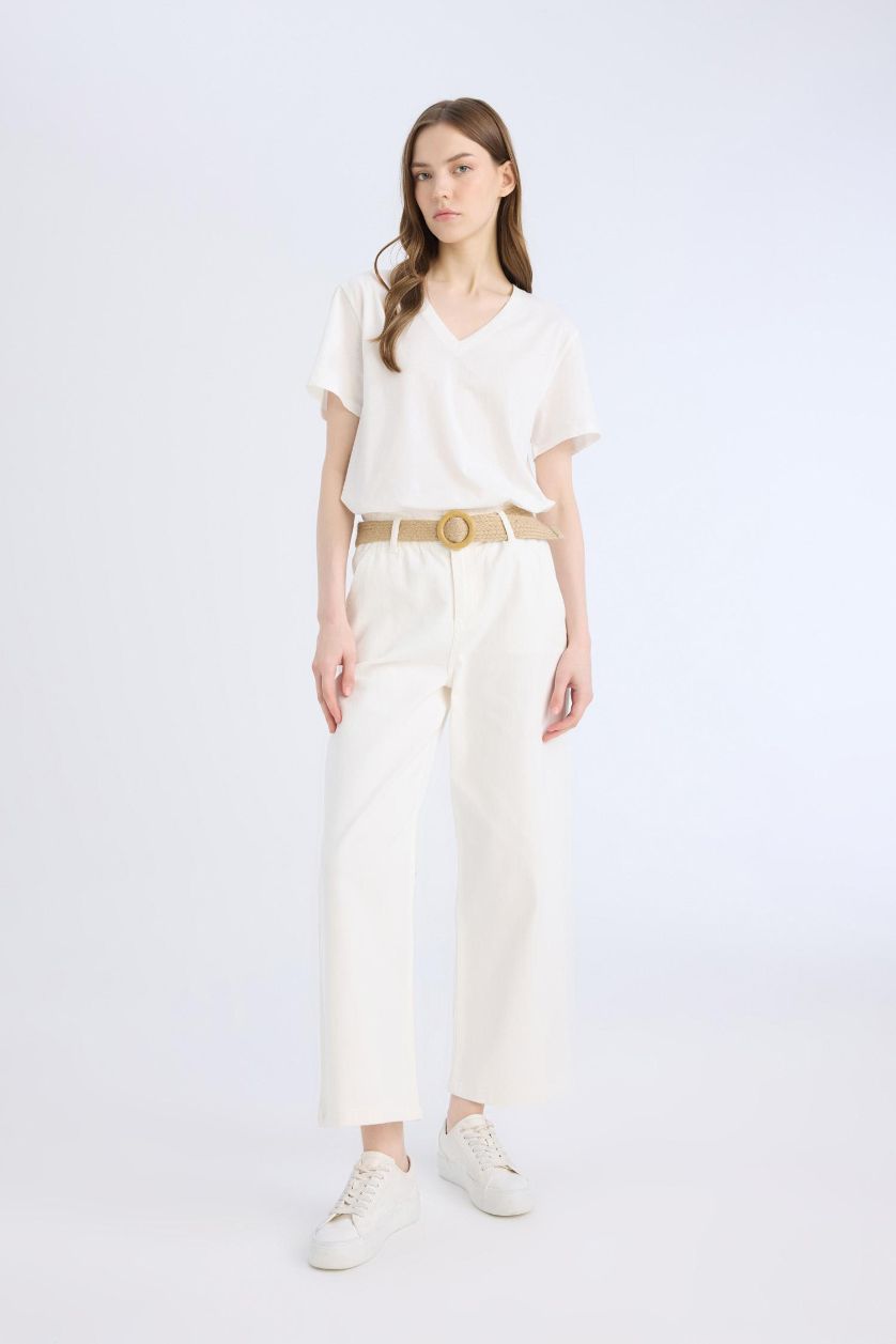 WOMAN Ecru Paperbag High Waist Double Leg Gabardine Trousers