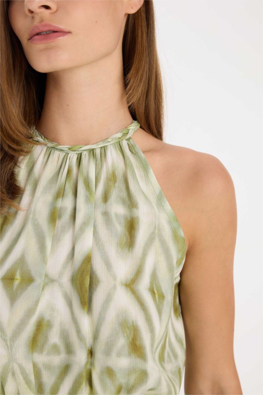 Woman Mint A Cut Halter Neck Printed Crinkle Sleeveless Maxi Dress