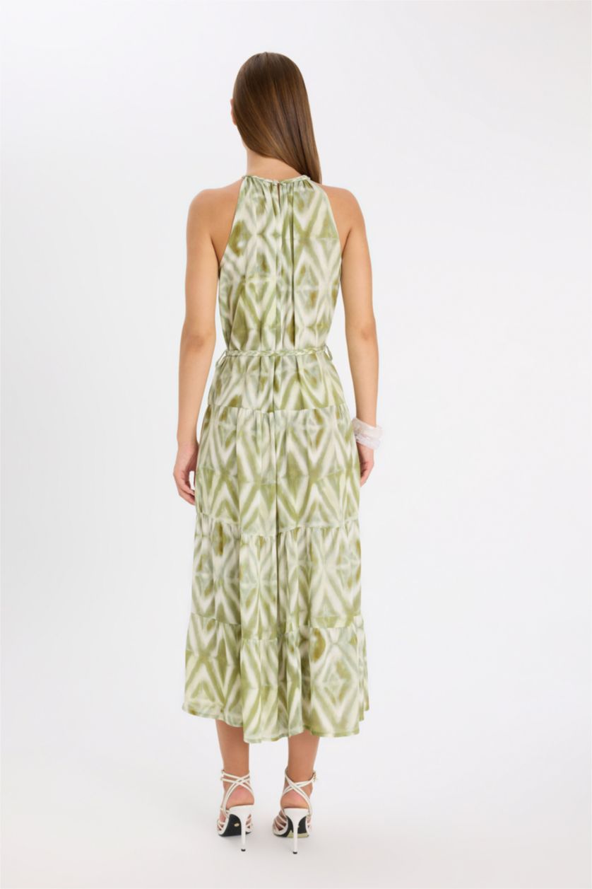 Woman Mint A Cut Halter Neck Printed Crinkle Sleeveless Maxi Dress