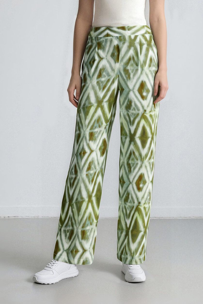 Kadın Yeşil Relax Fit Viskon Kumaş Pantolon Desenli Cepli Geniş Paça Krinkıl