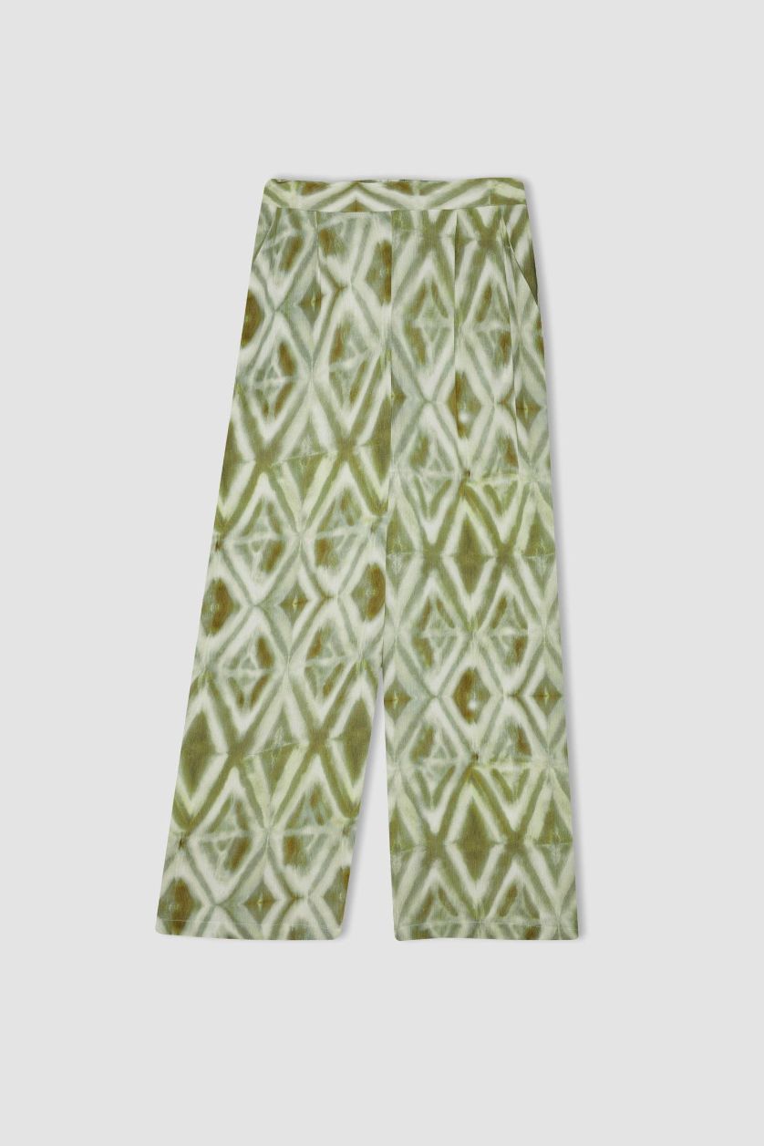 Kadın Yeşil Relax Fit Viskon Kumaş Pantolon Desenli Cepli Geniş Paça Krinkıl