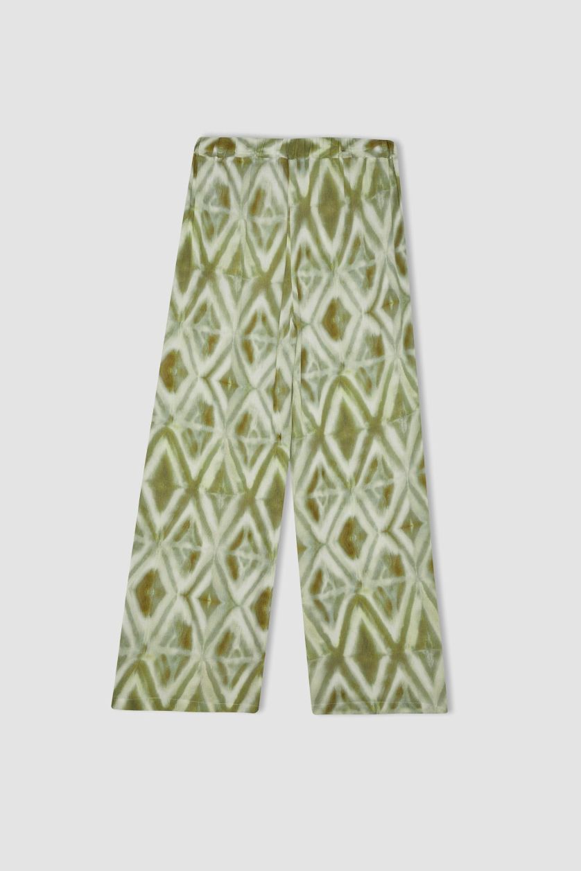 Kadın Yeşil Relax Fit Viskon Kumaş Pantolon Desenli Cepli Geniş Paça Krinkıl