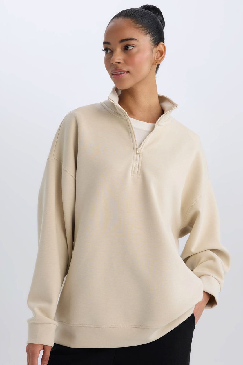 WOMAN Sand DeFactoFit Oversize Fit Stand Collar Sports Sweatshirt