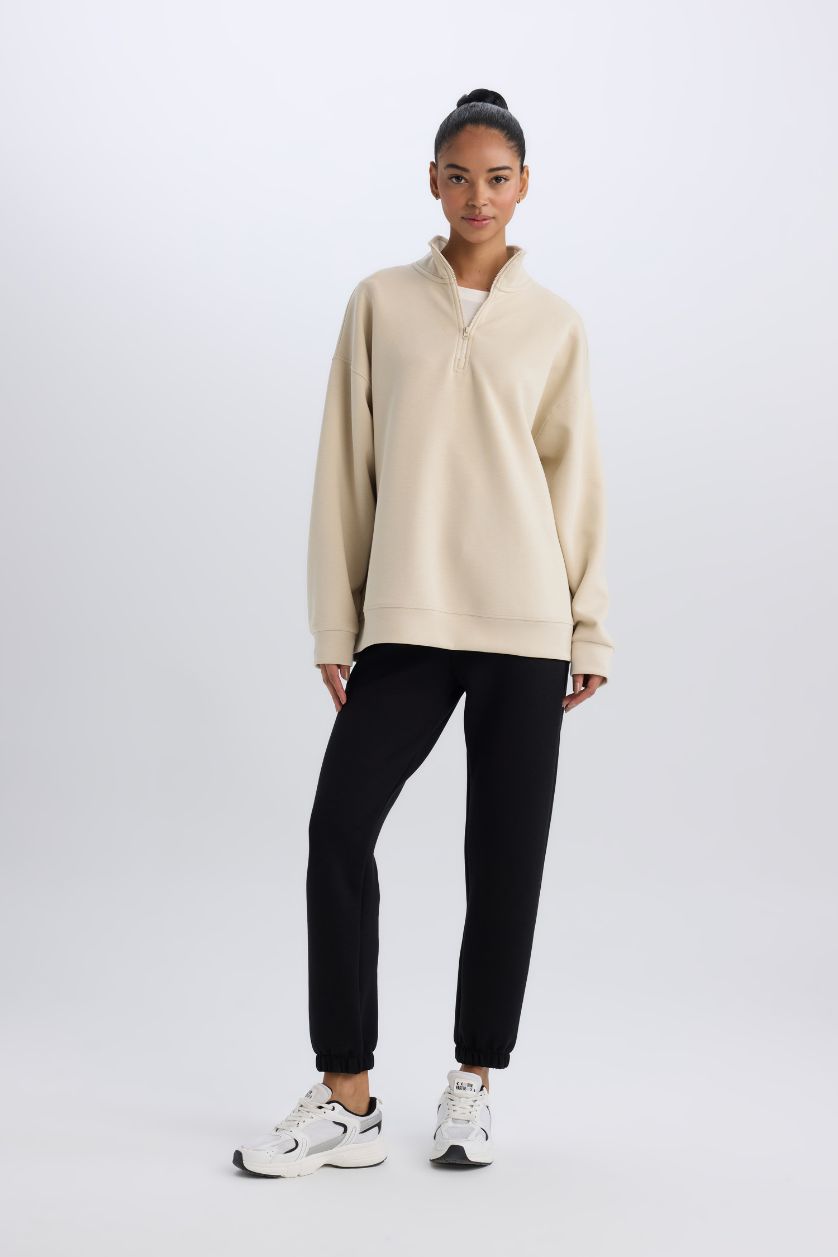 WOMAN Sand DeFactoFit Oversize Fit Stand Collar Sports Sweatshirt