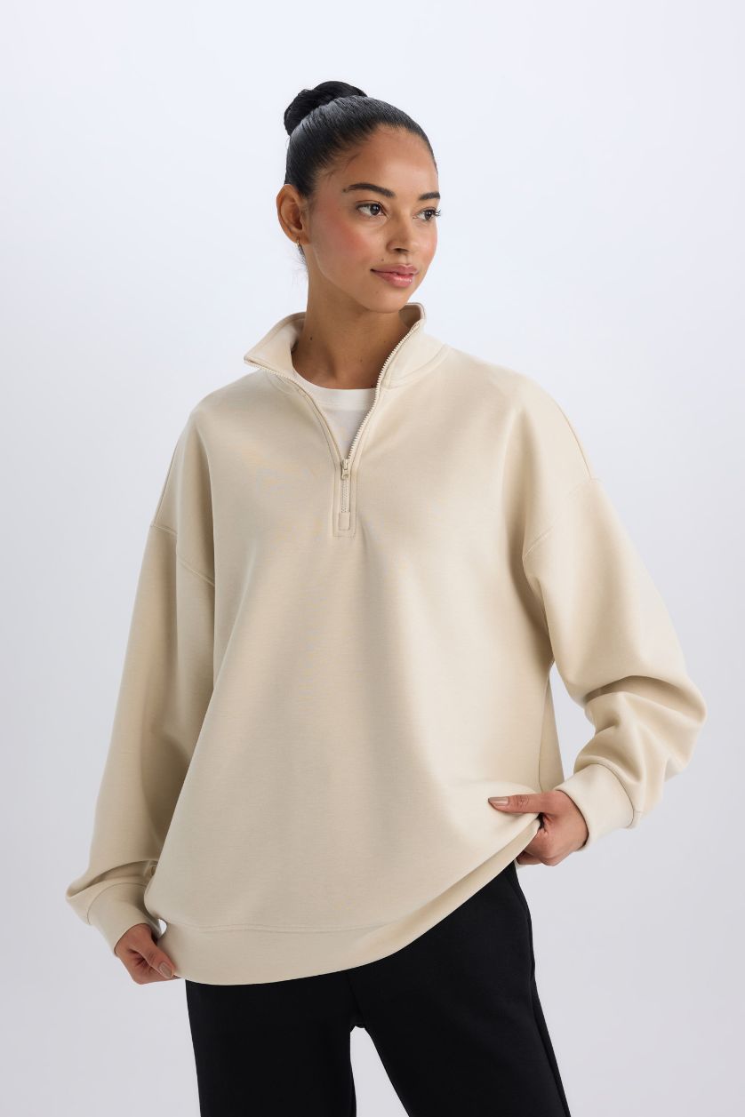 WOMAN Sand DeFactoFit Oversize Fit Stand Collar Sports Sweatshirt