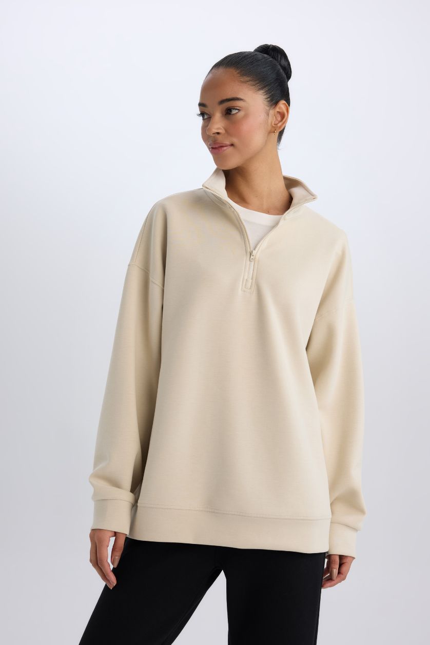 WOMAN Sand DeFactoFit Oversize Fit Stand Collar Sports Sweatshirt