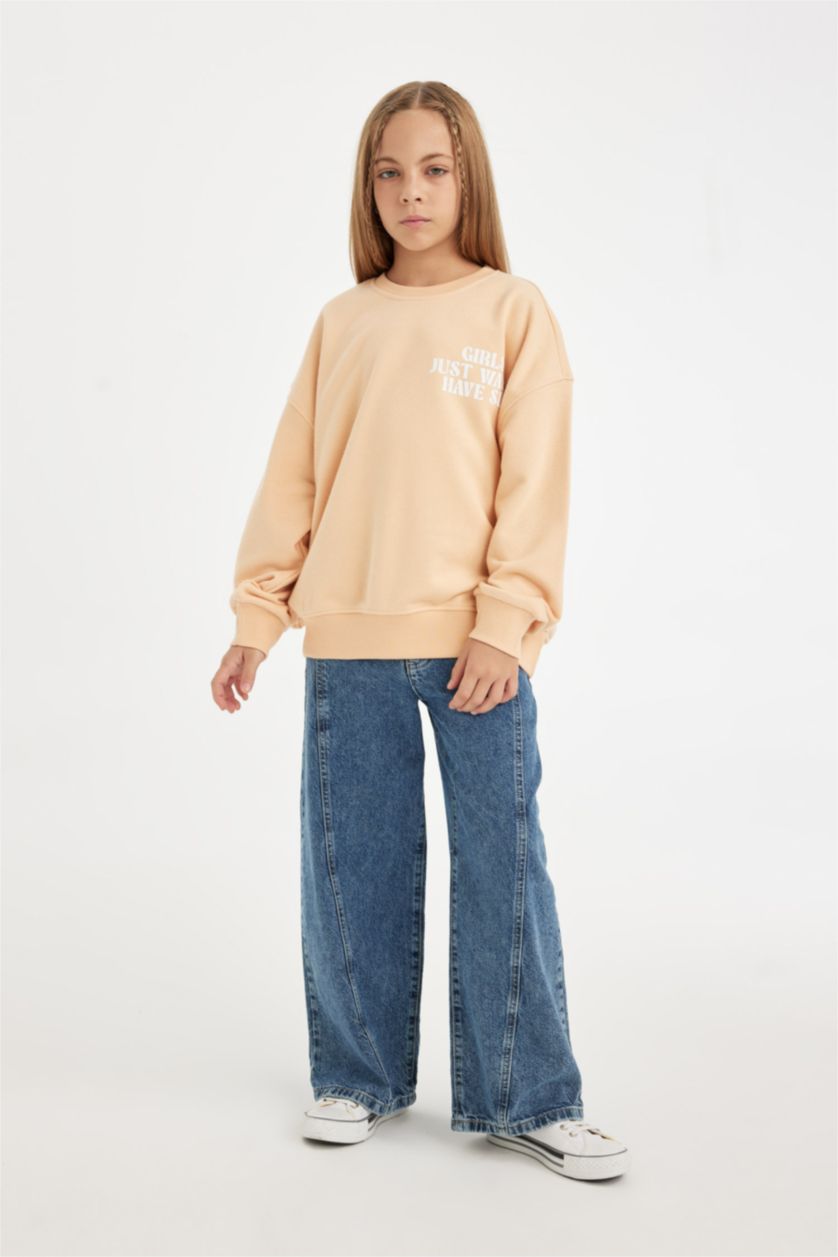 Kız Çocuk - Genç Kız Somon Oversize Geniş Kalıp Bisiklet Yaka Sırt Baskılı Sweatshirt Kız Çocuk