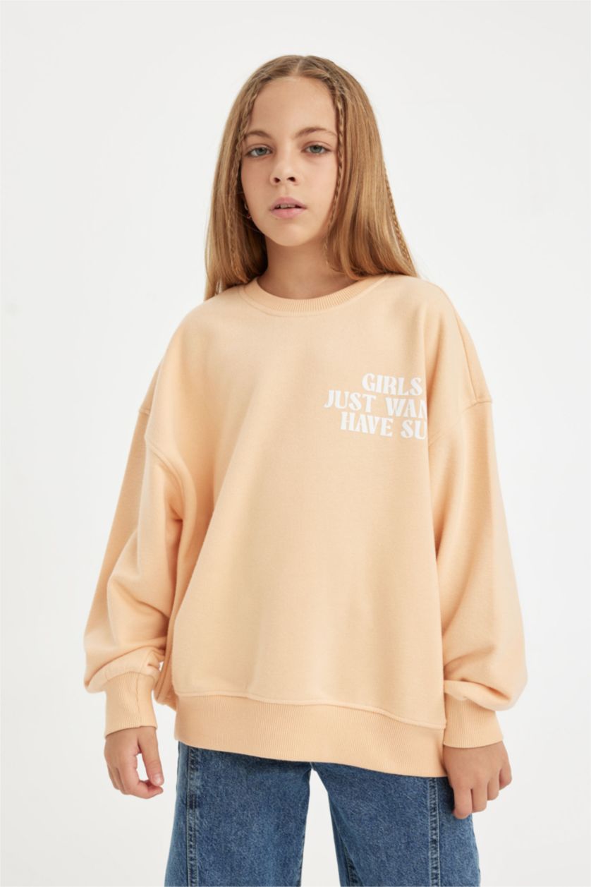 Kız Çocuk - Genç Kız Somon Oversize Geniş Kalıp Bisiklet Yaka Sırt Baskılı Sweatshirt Kız Çocuk