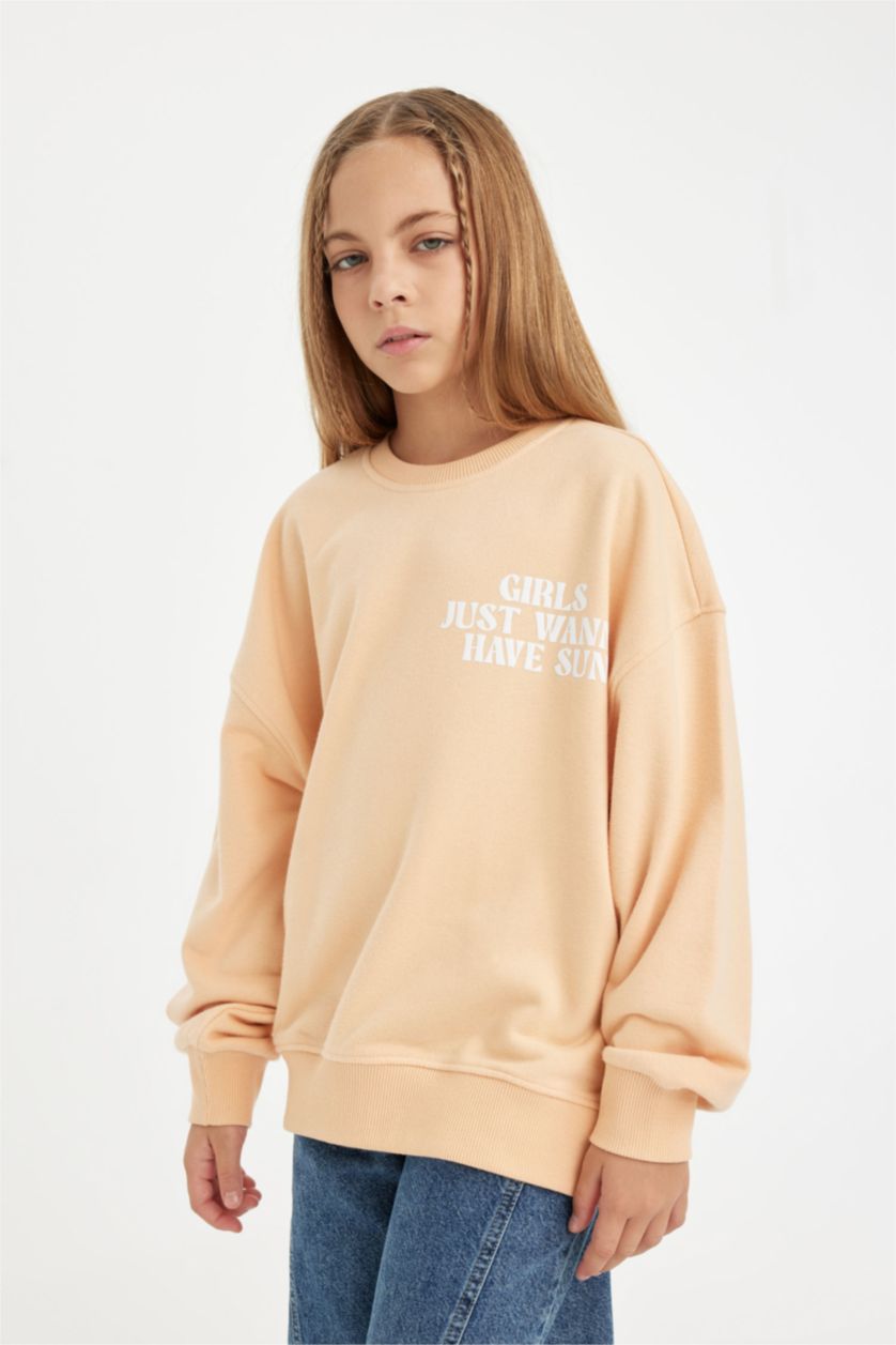 Kız Çocuk - Genç Kız Somon Oversize Geniş Kalıp Bisiklet Yaka Sırt Baskılı Sweatshirt Kız Çocuk