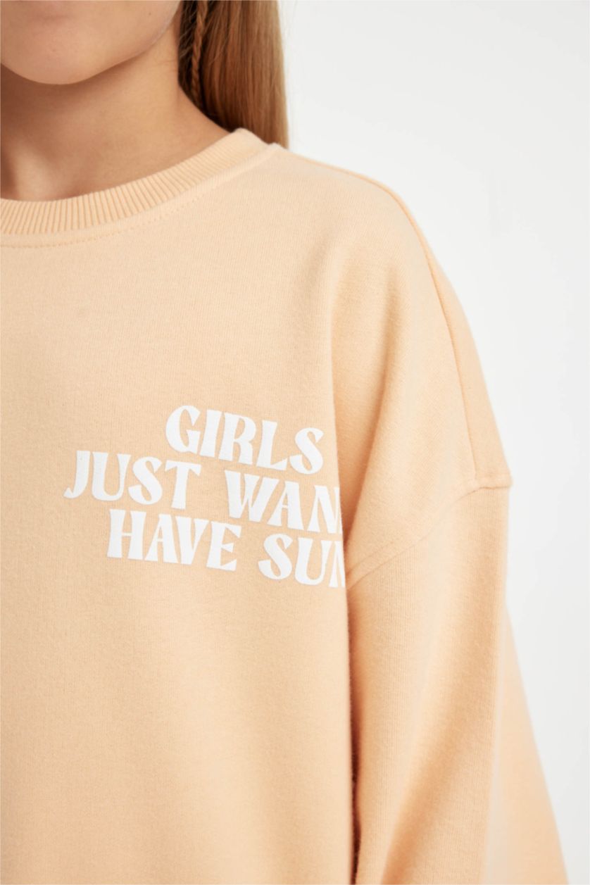 Kız Çocuk - Genç Kız Somon Oversize Geniş Kalıp Bisiklet Yaka Sırt Baskılı Sweatshirt Kız Çocuk