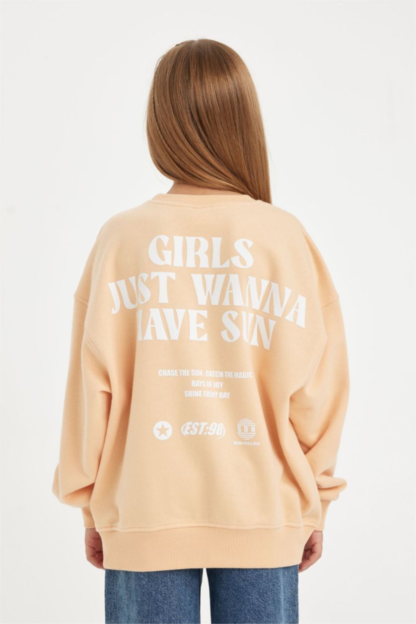 Kız Çocuk - Genç Kız Somon Oversize Geniş Kalıp Bisiklet Yaka Sırt Baskılı Sweatshirt Kız Çocuk