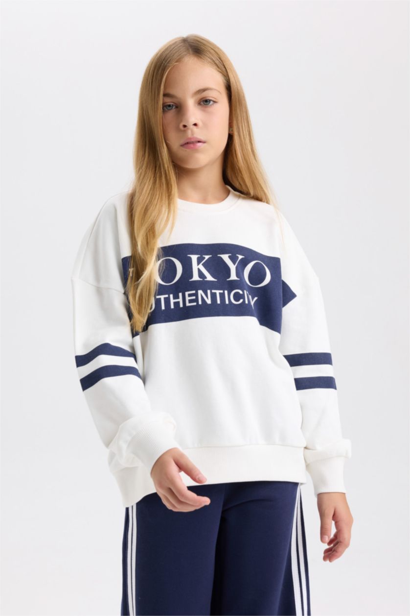 GIRLS & TEENS NAVY Girl Oversize Wide Mold Crew Neck Striped Sweatshirt