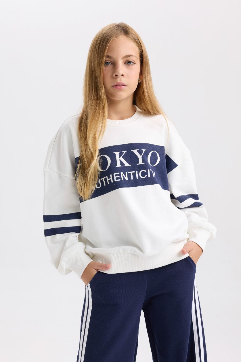 GIRLS & TEENS NAVY Girl Oversize Wide Mold Crew Neck Striped Sweatshirt