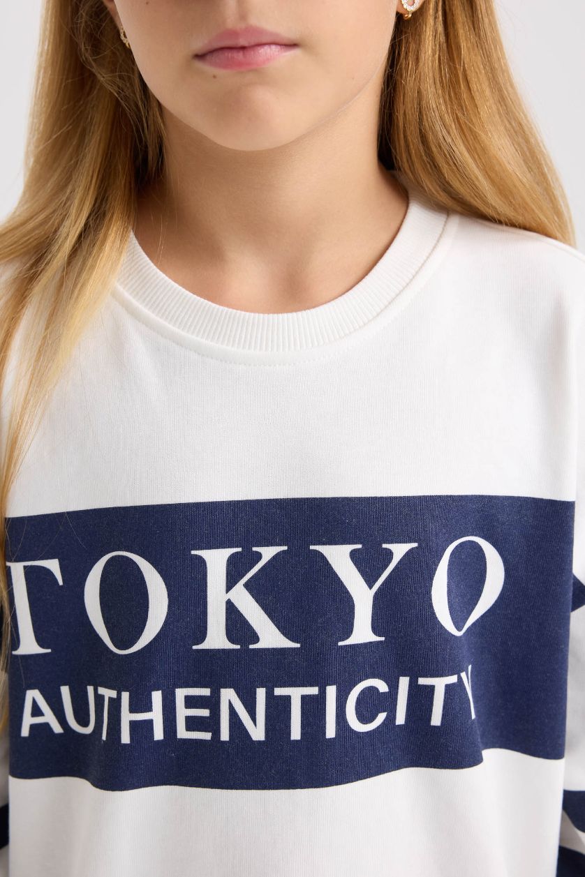 GIRLS & TEENS NAVY Girl Oversize Wide Mold Crew Neck Striped Sweatshirt