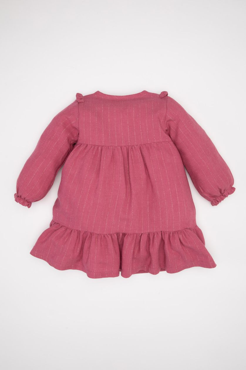 Kız Bebek Mor Uzun Kollu Simli Kumaş Fırfırlı Elbise Kız Bebek