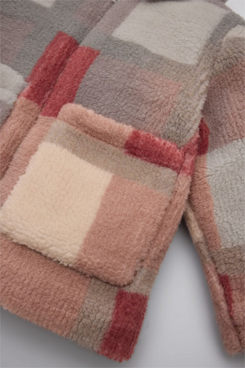 Kız Bebek Gülkurusu Gömlek Yaka Fermuarlı Kare Desenli Welsoft Pelüş Hırka Kız Bebek