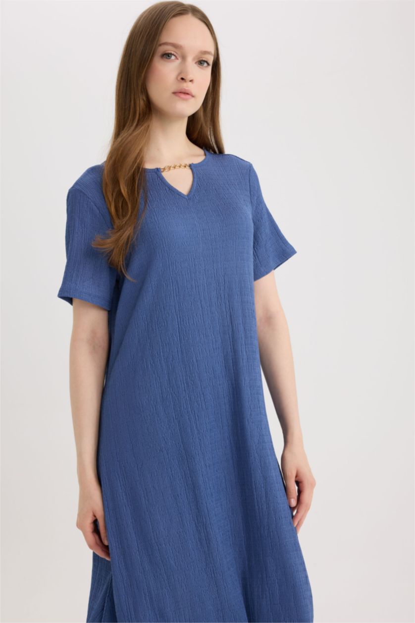 Женщины Индиго Платье Regular Fit с круглым вырезом, жатая ткань, короткий рукав