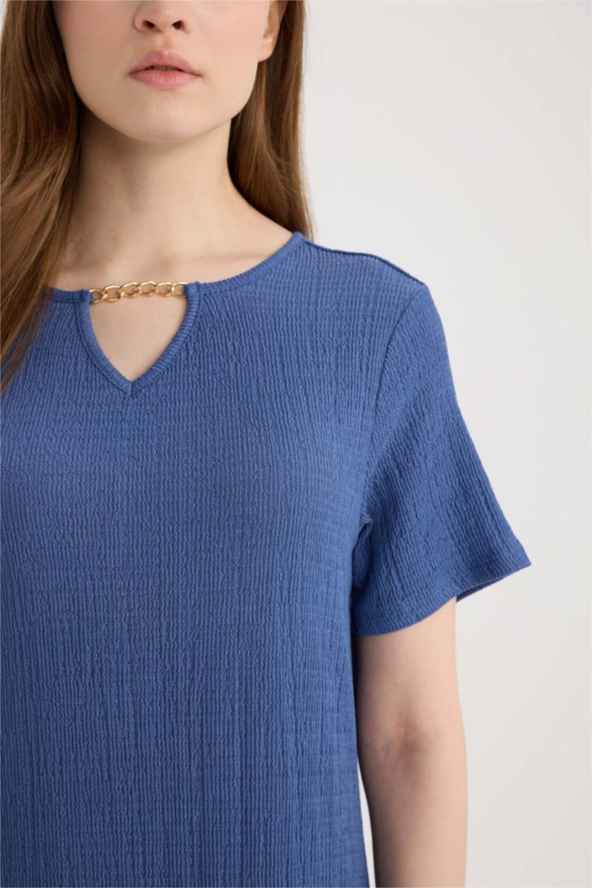 Женщины Индиго Платье Regular Fit с круглым вырезом, жатая ткань, короткий рукав