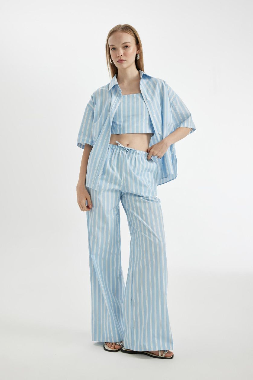 Kadın Açık Mavi Coool Oversize Çizgili Poplin Kısa Kollu Gömlek