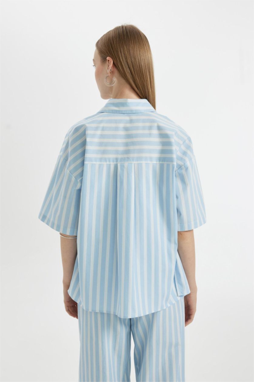 Kadın Açık Mavi Coool Oversize Çizgili Poplin Kısa Kollu Gömlek