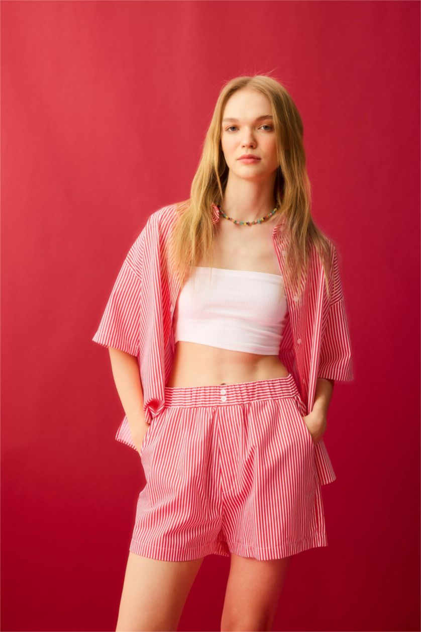 نساء أحمر فاتح Oversize Striped Poplin Short Sleeve Shirt