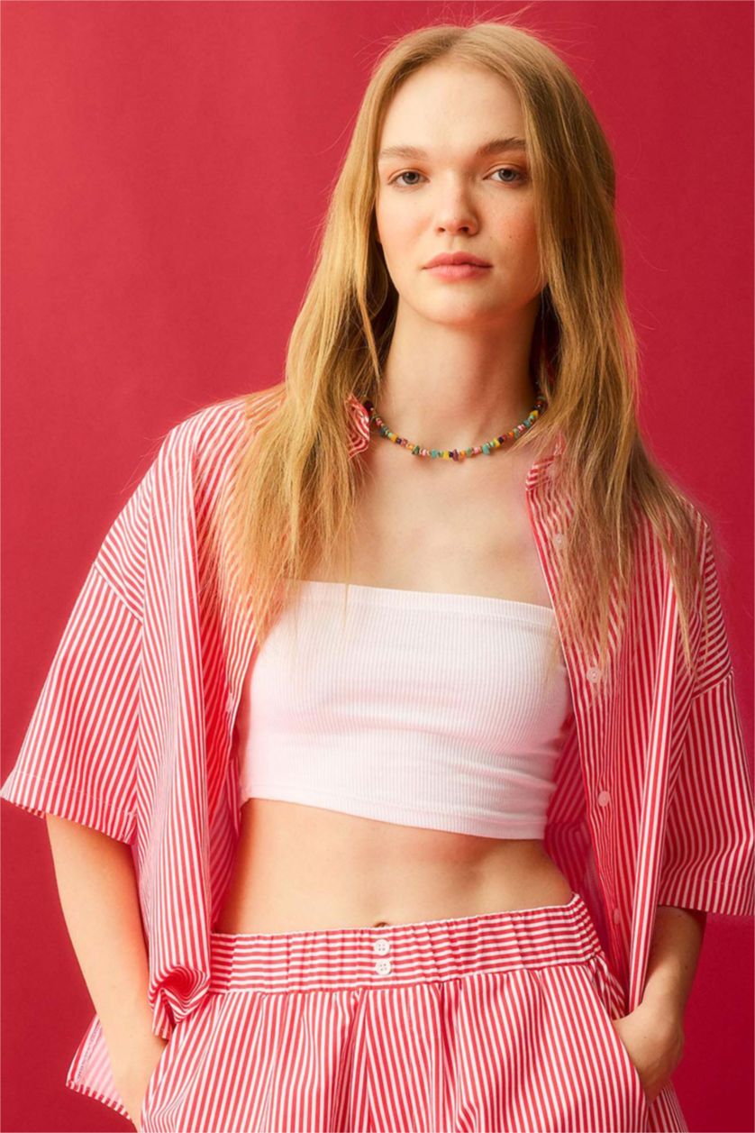 Kadın Açık Kırmızı Coool Oversize Çizgili Poplin Kısa Kollu Gömlek