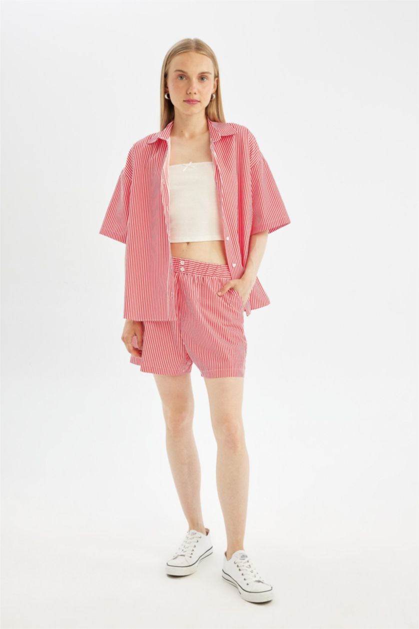 Kadın Açık Kırmızı Coool Oversize Çizgili Poplin Kısa Kollu Gömlek
