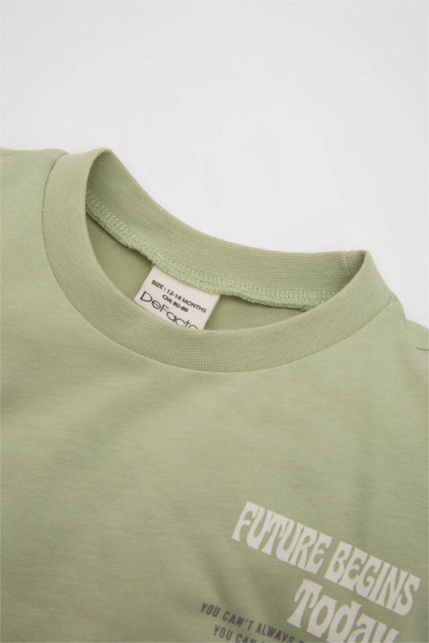 Erkek Bebek Açık Yeşil Bisiklet Yaka Baskılı Kısa Kollu Tişört Erkek Bebek