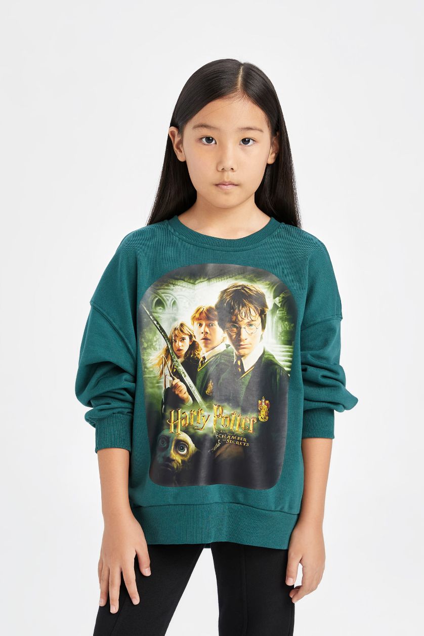 بنات أخضر سويت شيرت واسع برقبة مستديرة